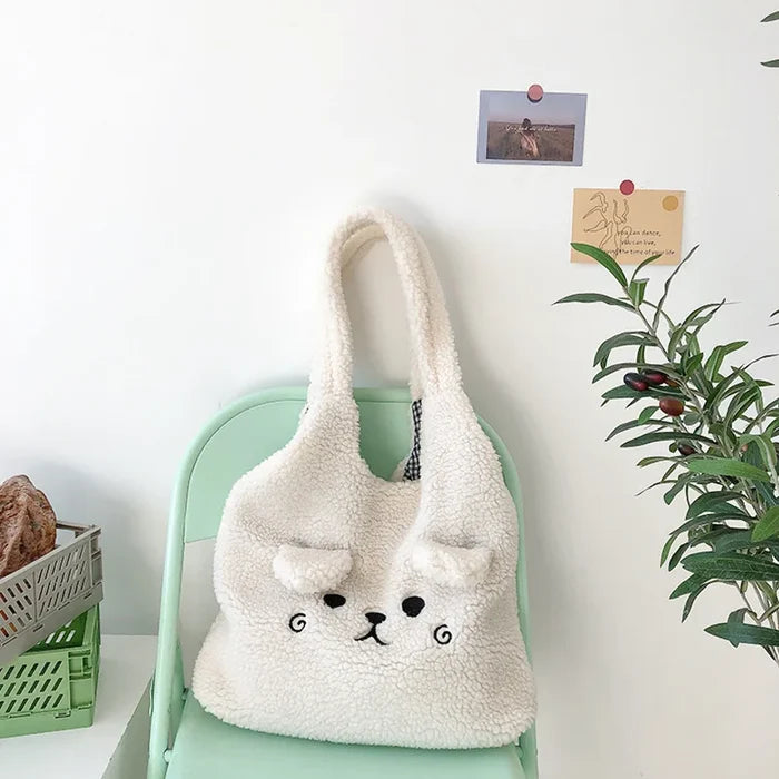 Tote Bag Soft Plush Cartoon Embroidery Shoulder Bag Winter 2025 Cozy Faux Lamb Hair Shopper Gift