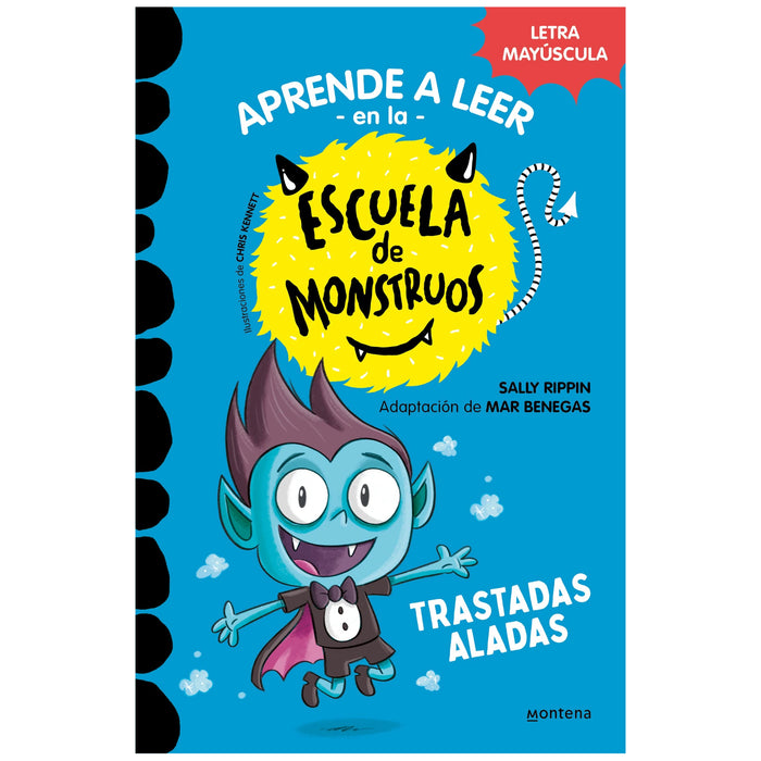 Cover of a children's book titled 'Trastadas aladas / Bat-Boy Tim Says Boo!' featuring an illustration of a cartoon monster with blue and yellow colors.