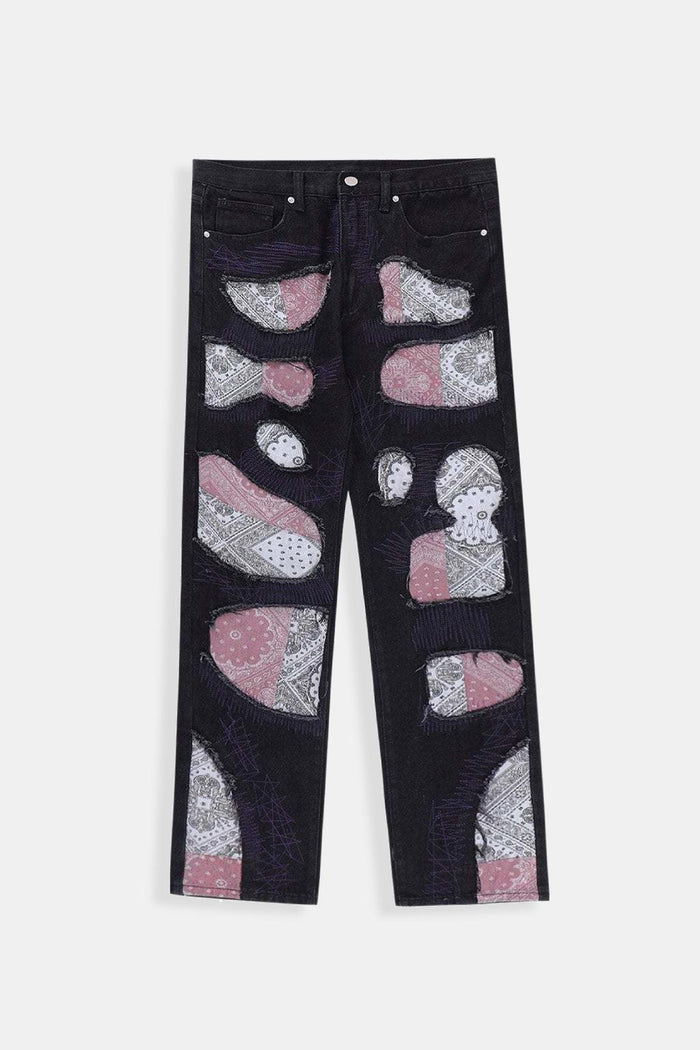 Unique Bandana Patchwork Jeans for Men and Women, Various Fits in Classic Blue Denim and Bold Black Wash-2