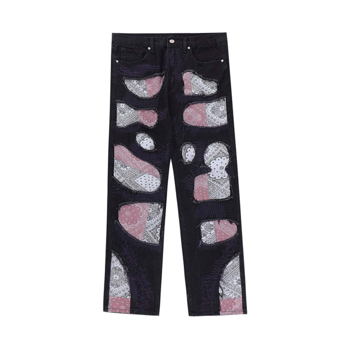 Variant image for Unique Bandana Patchwork Jeans for Men and Women, Various Fits in Classic Blue Denim and Bold Black Wash-1