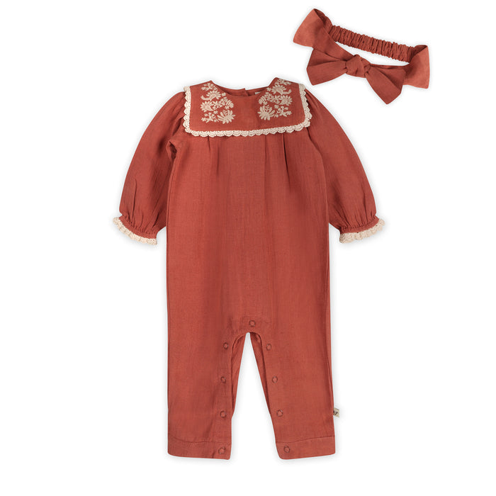 Vena Embroidery Collar Baby Jumpsuit & Headband Set (Organic Cotton)