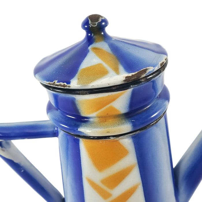 Vintage Art Deco Enamelware French Biggin Coffee Pot Blue & Orange by Aubeco