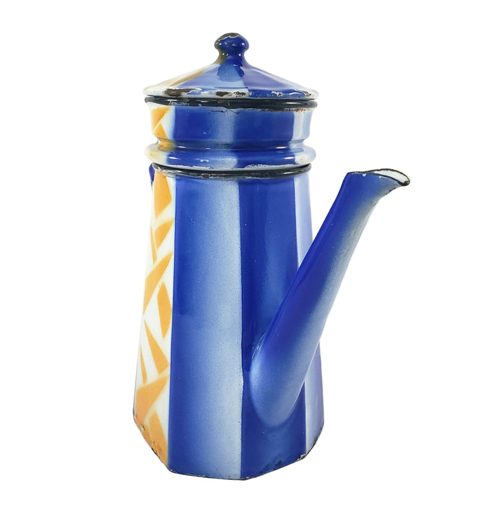 Vintage Art Deco Enamelware French Biggin Coffee Pot Blue & Orange by Aubeco