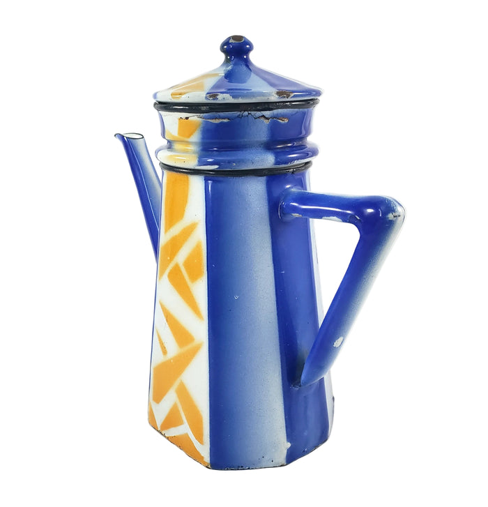 Vintage Art Deco Enamelware French Biggin Coffee Pot Blue & Orange by Aubeco