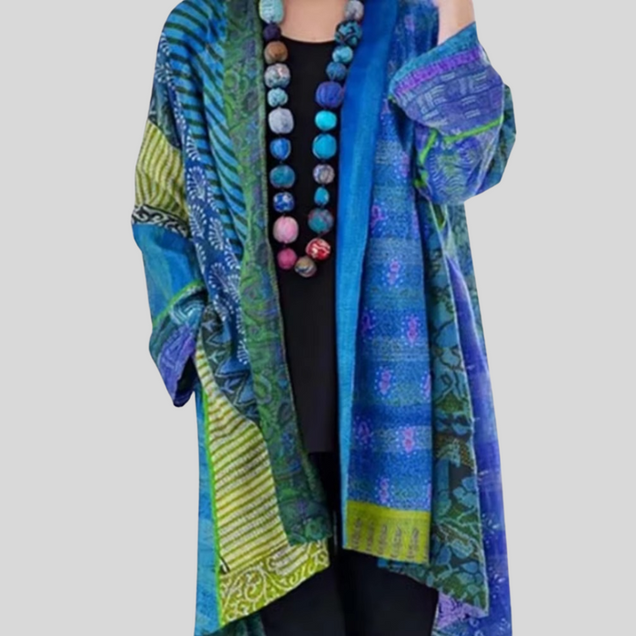 Vintage Cotton Linen Ethnic Print Cardigan - Large Size Long Sleeve Women's Sweater
