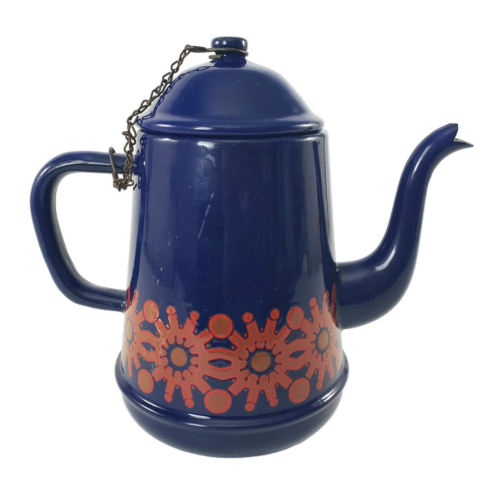 Vintage Dark Blue Enamelware Teapot 2 Cup Original Lid Chain Mid Century