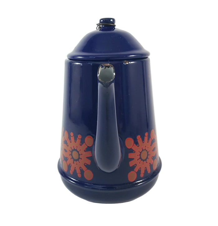 Vintage Dark Blue Enamelware Teapot 2 Cup Original Lid Chain Mid Century