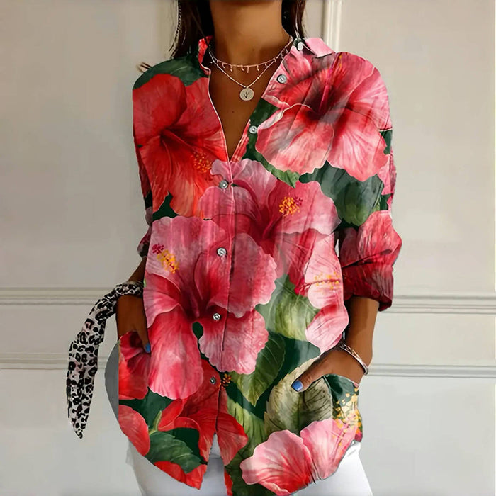 Vintage Floral Print Womens Blouse with Long Sleeves and Lace Collar for Spring and Autumn-1
