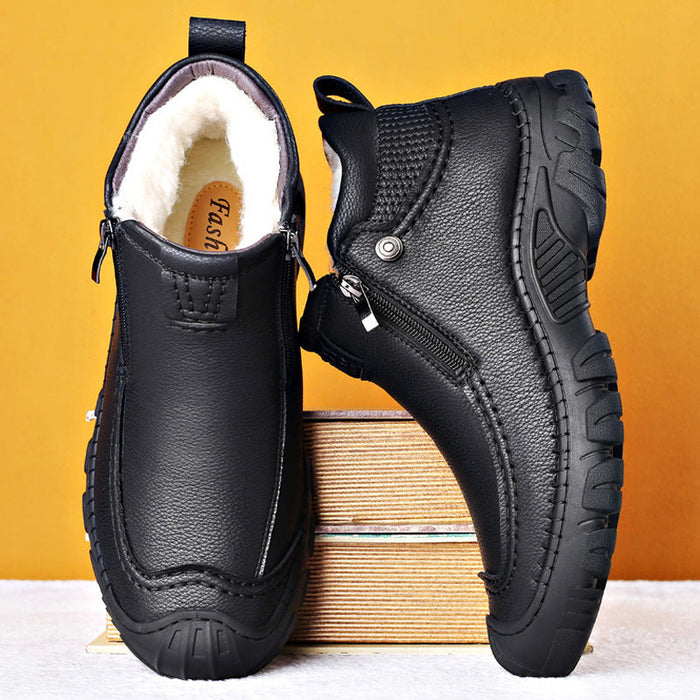 Warm Mens Ankle Boots - Zip Closure, PU Leather, Winter