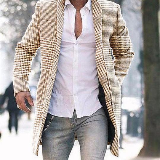 Warm Men's Midlength Coat - Standup Collar, Plaid Polyester