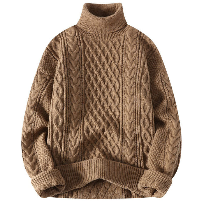 Warm Mens Turtleneck Sweater - Relaxed Cable Knit, Winter