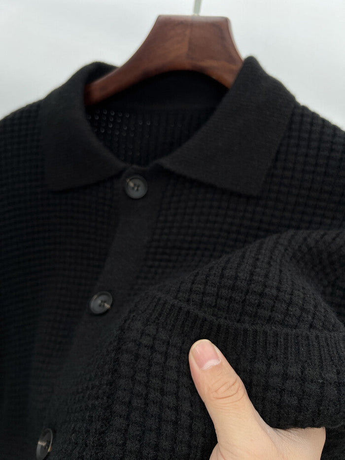 Warm Textured Men's Cardigan - Polo Lapel, Knit For Autumn