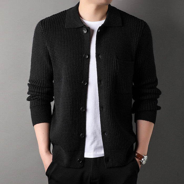 Warm Textured Men's Cardigan - Polo Lapel, Knit For Autumn