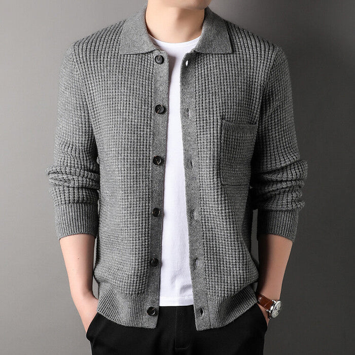 Warm Textured Men's Cardigan - Polo Lapel, Knit For Autumn