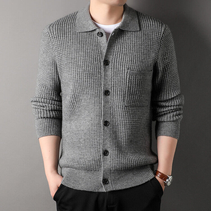 Warm Textured Men's Cardigan - Polo Lapel, Knit For Autumn