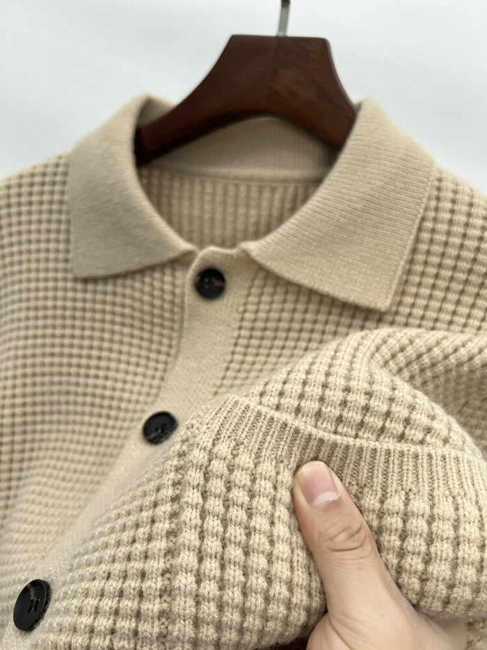 Warm Textured Men's Cardigan - Polo Lapel, Knit For Autumn
