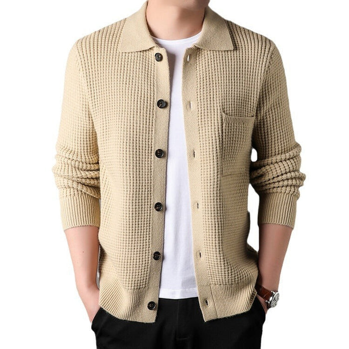 Warm Textured Men's Cardigan - Polo Lapel, Knit For Autumn