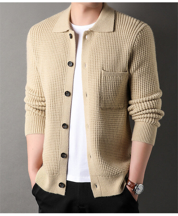 Warm Textured Men's Cardigan - Polo Lapel, Knit For Autumn