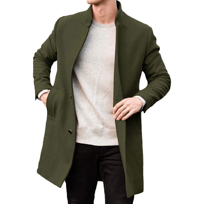 Warm Timeless Men's Wool Coat - Stand Collar, Mid Thigh