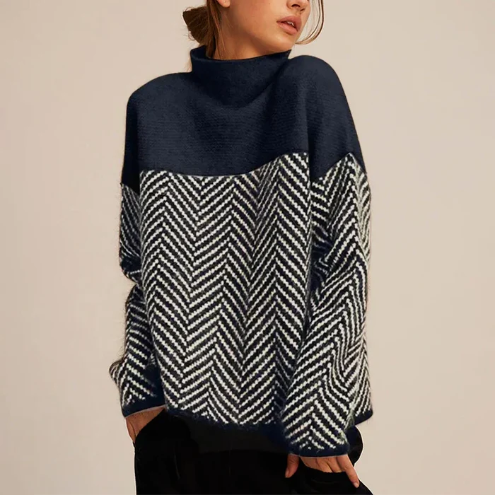 Warm Women’s Herringbone Knit Sweater - Stand Collar, Casual