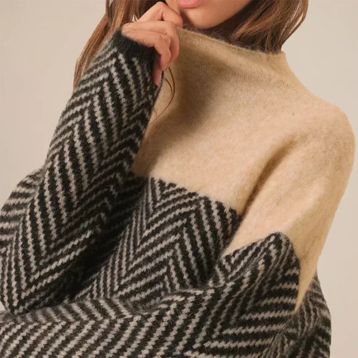 Warm Women’s Herringbone Knit Sweater - Stand Collar, Casual