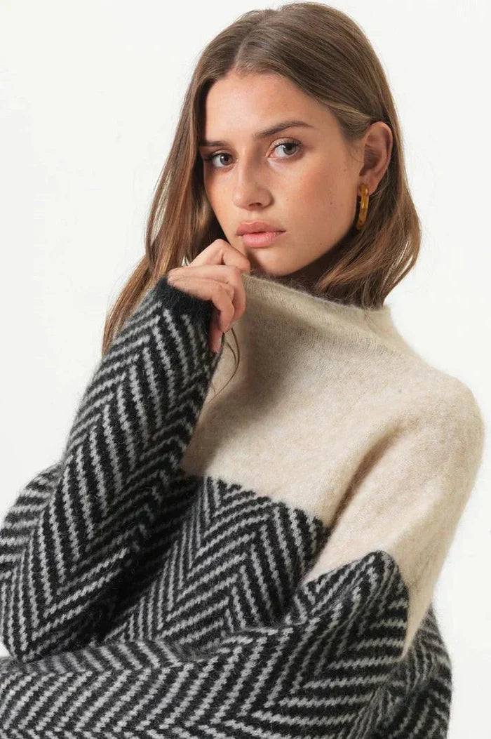 Warm Women’s Herringbone Knit Sweater - Stand Collar, Casual