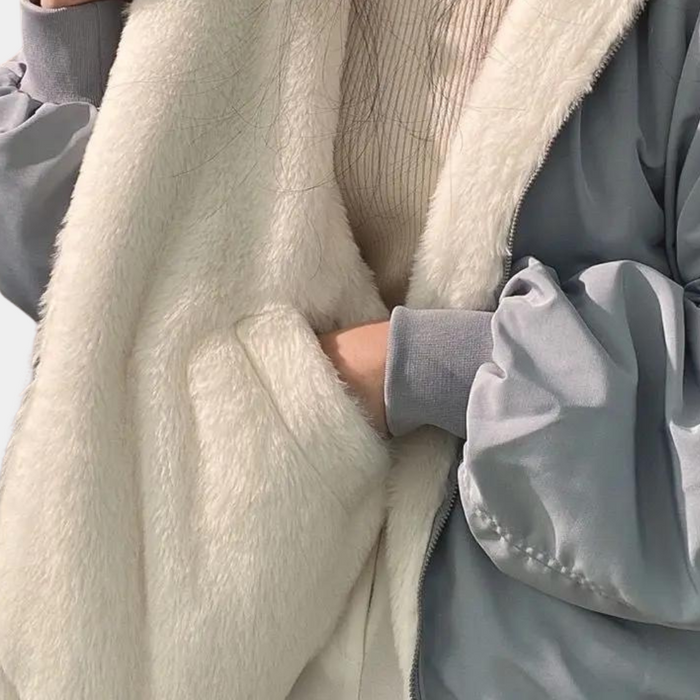 Warm Women's Oversized Jacket - Hooded Coat, Faux Fur