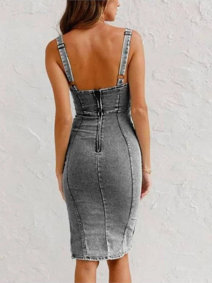 Washed Denim Midi Dress with Adjustable Straps, Bodycon Fit, Side Slit, Deep Circular Neckline for Women-2