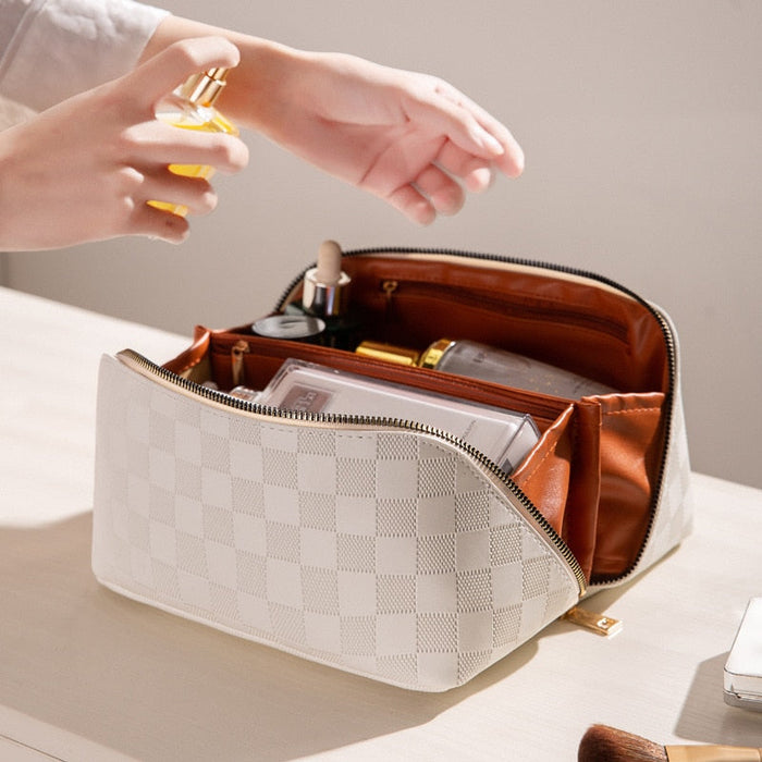 Waterproof women’s travel toiletry bag – spacious plaid design, durable materials, for beauty essentials 0