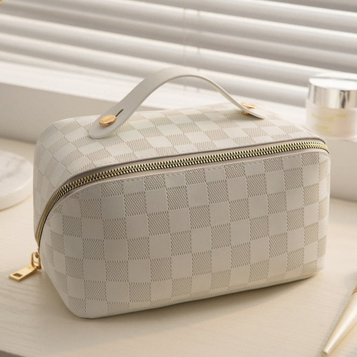 Waterproof women’s travel toiletry bag – spacious plaid design, durable materials, for beauty essentials 2