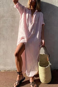 Variant image for White Linen Summer Dress with Fold-Over Collar and Relaxed Fit for Women-1