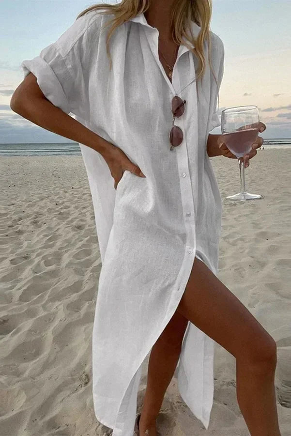 Variant image for White Linen Summer Dress with Fold-Over Collar and Relaxed Fit for Women-4