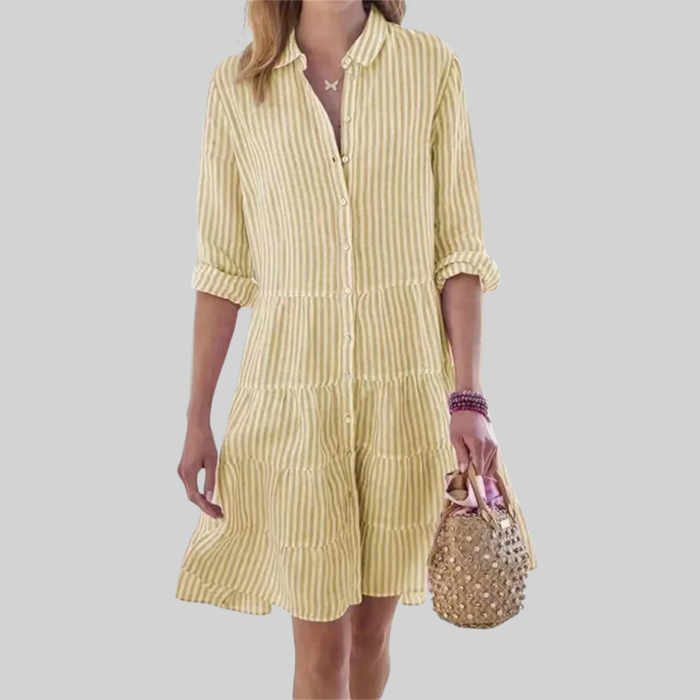 Women Striped Print Long Sleeve Mini Dress, Commuter Lapel A-Line Shirt Dress