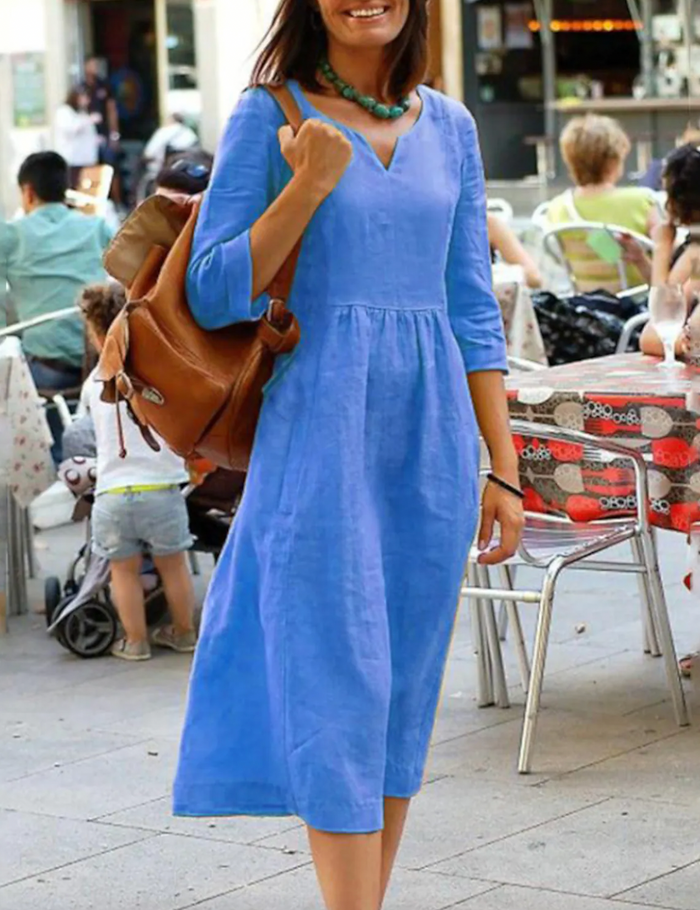 Womens Dress with 3/4 Sleeves, Flattering Fit, Comfortable Natural Fabric, Available in Multiple Colors-3