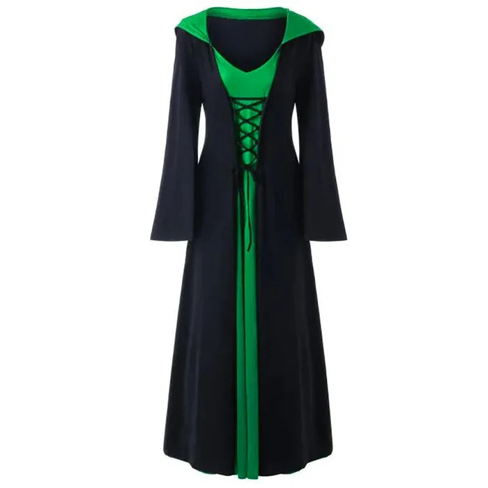 Women's Lace-Up Hooded Medieval Vampire Witch Cloak Robe - Perfect Halloween Costume for Themed Events