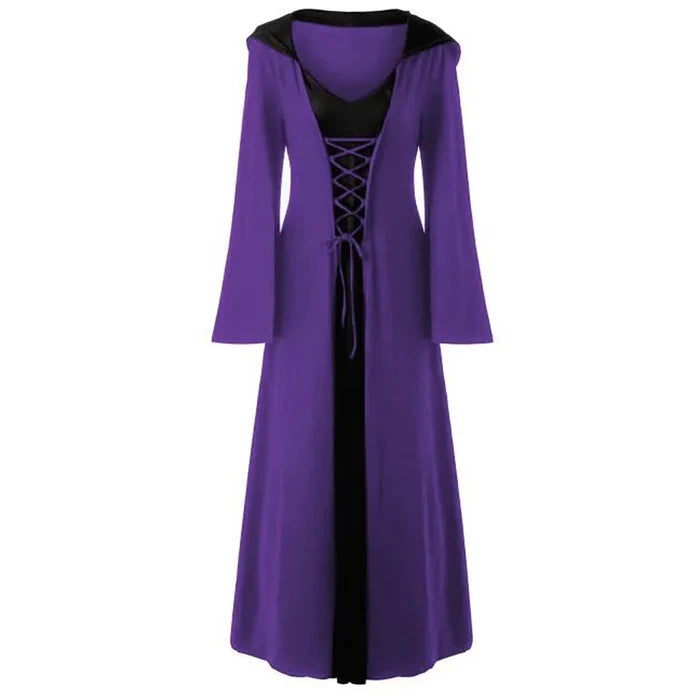 Women's Lace-Up Hooded Medieval Vampire Witch Cloak Robe - Perfect Halloween Costume for Themed Events