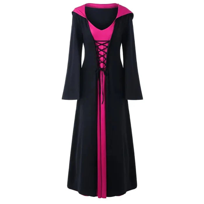 Women's Lace-Up Hooded Medieval Vampire Witch Cloak Robe - Perfect Halloween Costume for Themed Events