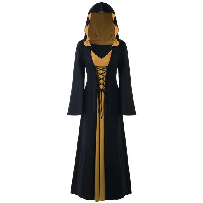 Women's Lace-Up Hooded Medieval Vampire Witch Cloak Robe - Perfect Halloween Costume for Themed Events