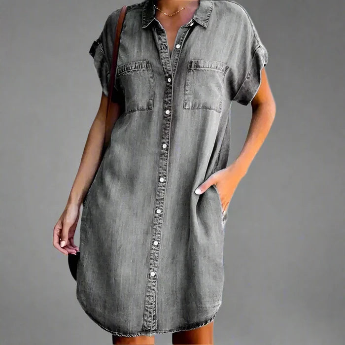 Women's Summer Denim Shirt Dress - Casual Loose Pocket Retro Commuter Office Style