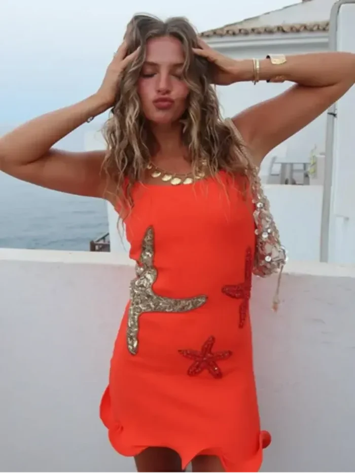 Women's Summer Mini Dress with Ruffled Hem and Beaded Starfish Embellishments in Sky Blue, Orange, and White-3