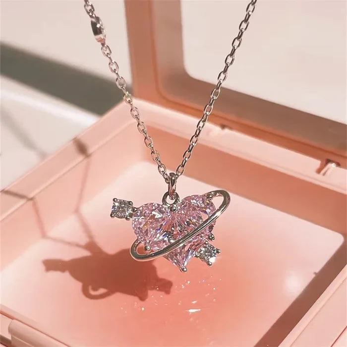 Zircon Pendant Necklace Pink Planet Heart Valentines Day Gift 2026 Aesthetic Jewelry