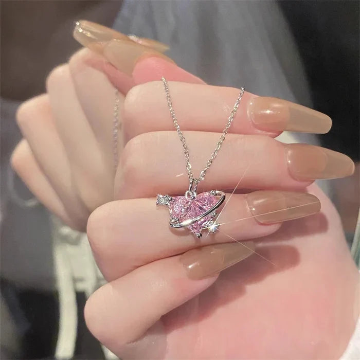 Zircon Pendant Necklace Pink Planet Heart Valentines Day Gift 2026 Aesthetic Jewelry