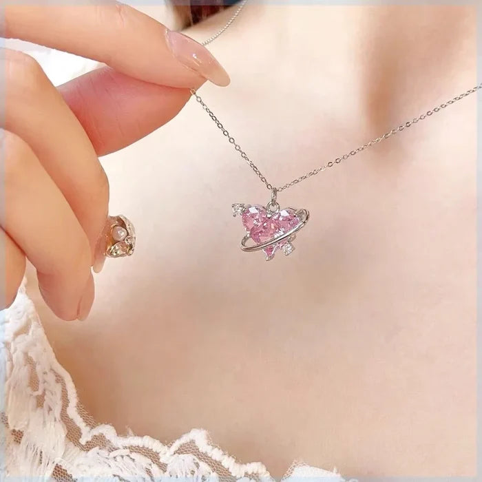Zircon Pendant Necklace Pink Planet Heart Valentines Day Gift 2026 Aesthetic Jewelry