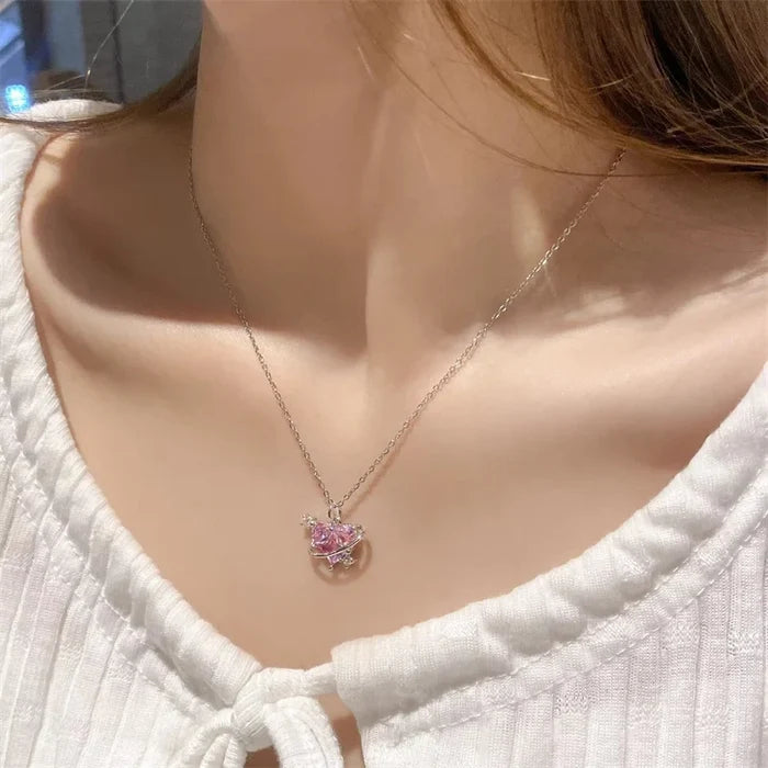 Zircon Pendant Necklace Pink Planet Heart Valentines Day Gift 2026 Aesthetic Jewelry