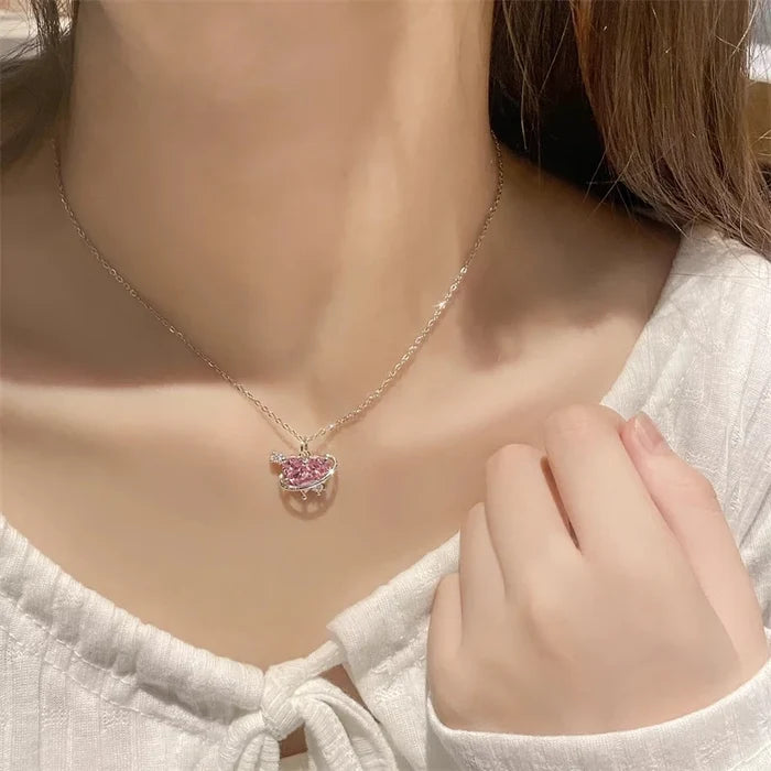 Zircon Pendant Necklace Pink Planet Heart Valentines Day Gift 2026 Aesthetic Jewelry