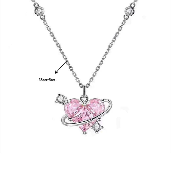 Zircon Pendant Necklace Pink Planet Heart Valentines Day Gift 2026 Aesthetic Jewelry